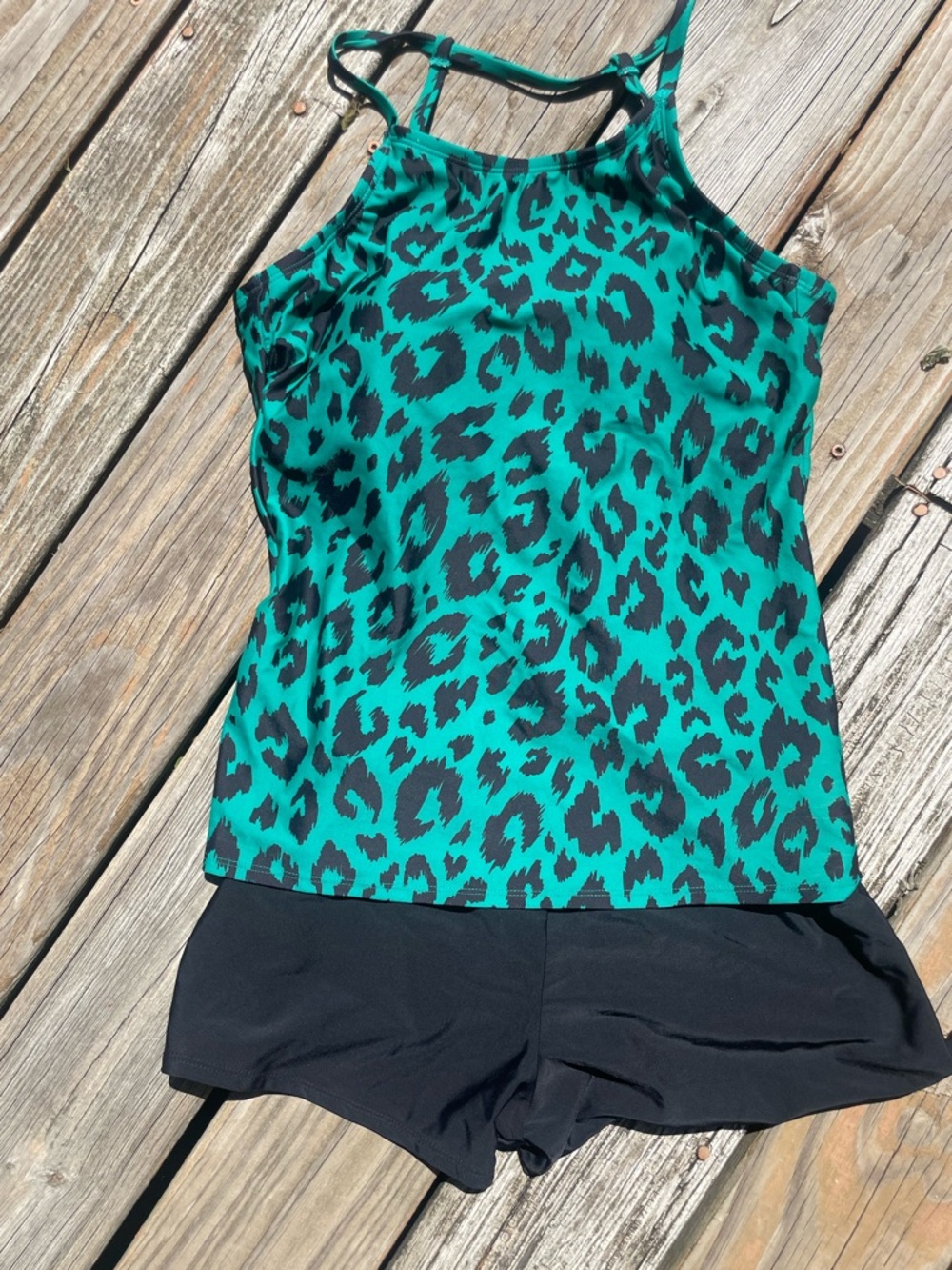 Kona Sol Green & Black Leopard Tankini with Black Swim Shorts